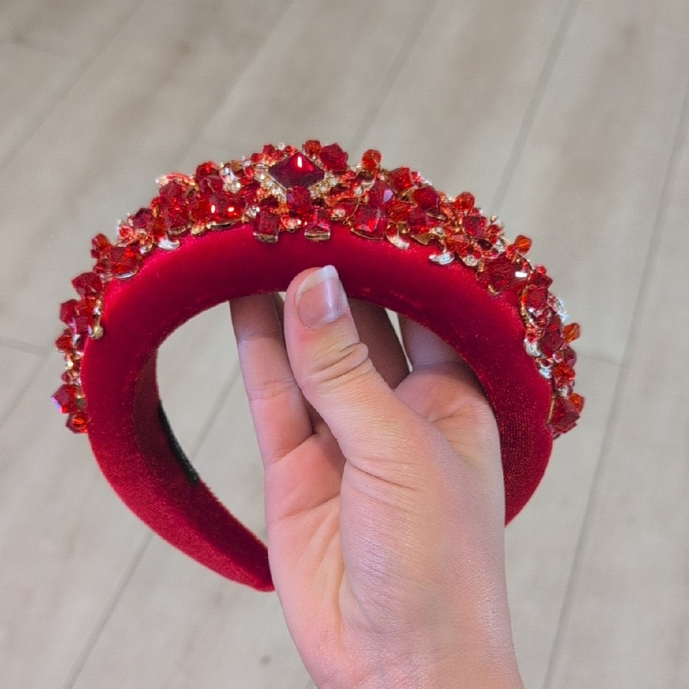 Elegant Red Velvet Headband with Crystal Embellishments